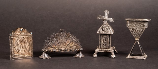 Judaic Sterling Silver Filigree Collection Besamin Menorah & Havdallah 4Pcs