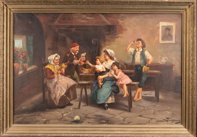 Early 20th C. Italian School Interior Scene Oil Illegibly Signed