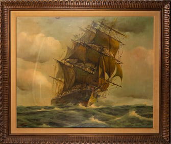 Early 20th C. Maritime Landscape Oil on Canvas Illegibly Signed