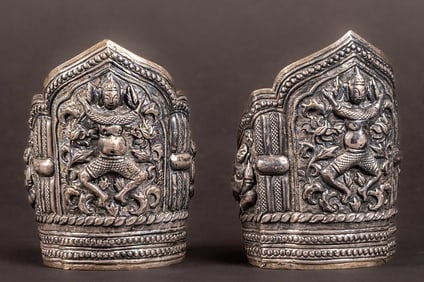 Chinese Qing Dynasty Sino Tibetan Buddha Silver Arm Cuff Bracelet Pair