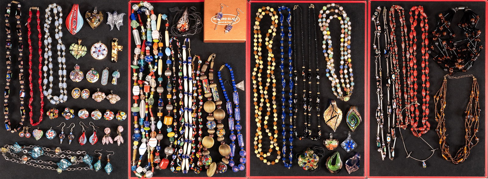 Murano Millefiori Art Glass Venetian Jewelry Collection 53Pcs: Murano Millefiori Art Glass Venetian Jewelry Collection 51 Pieces Including: 24x Necklaces 17x Pendants 11x Pairs of Earrings 1x Snuff Bottle Lot Comprising: 1x Murano Moretti Art Glass Blue Necklace