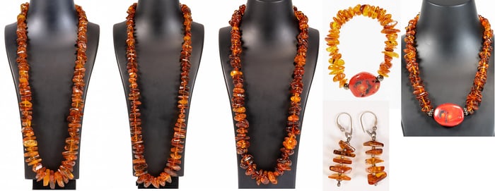 Chunky Red Coral & Amber Sterling Silver Jewelry Collection 6Pcs Over 307 Grams