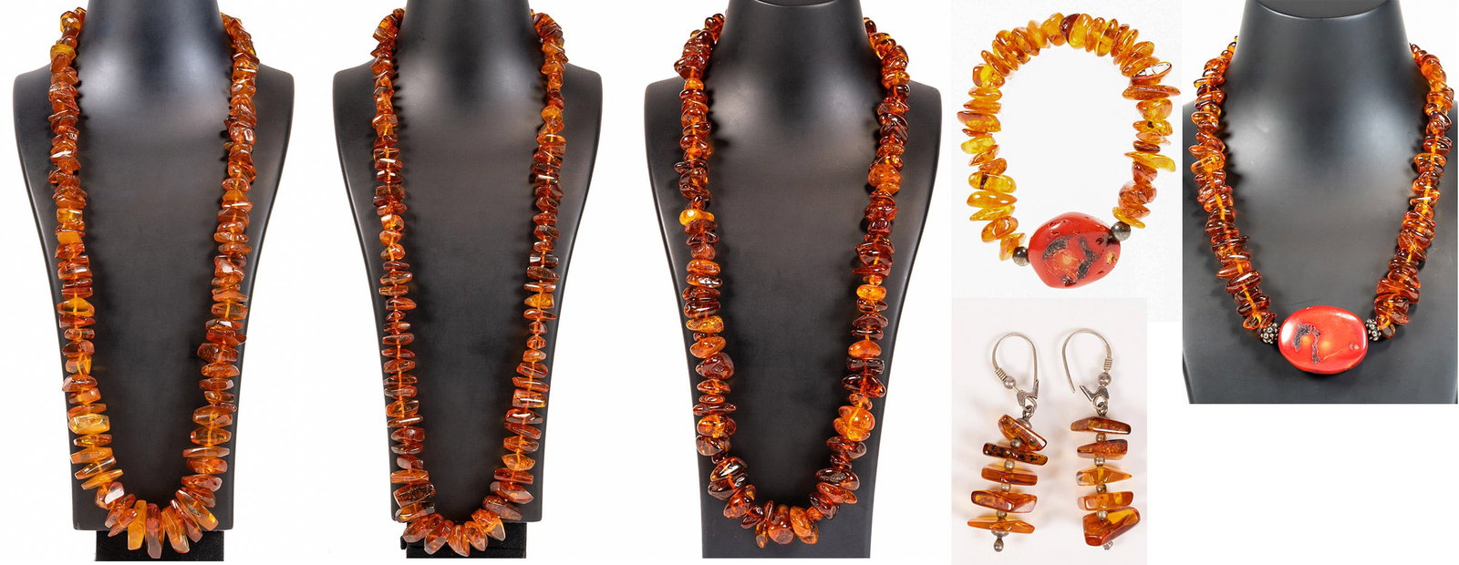 Chunky Red Coral & Amber Sterling Silver Jewelry Collection 6Pcs Over 307 Grams (1 of 18)