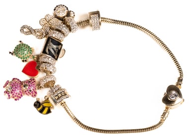 14K Gold Pandora Charm Bracelet w/ 14K Charms Diamonds Gemstones (10)