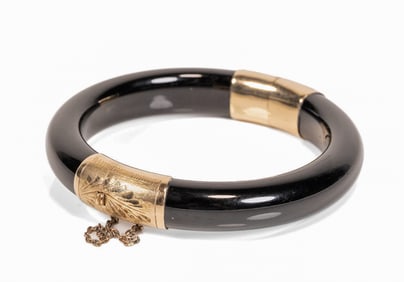 Chinese 18K Gold Black Jade Hinged Bangle Bracelet