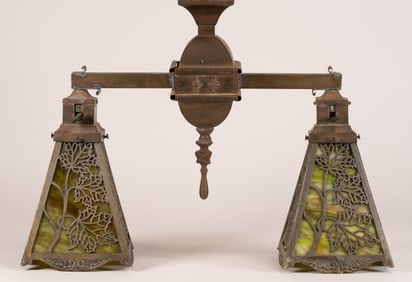 Riviere Studios Art & Crafts Grapevine Leaves Bronze Overlay Slag Glass Ceiling Chandelier Lamp