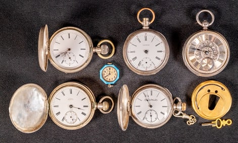 Sterling Silver & Coin Dueber Silver Pocket Watch Collection 6 Pcs Elgin Waltham Guilloche Fusee