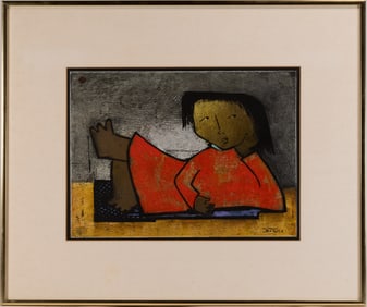 Angel Botello "Child in Orange" (Spain/Puerto Rico 1913-1986) Linocut