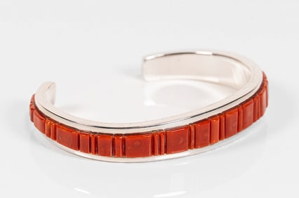 Thomas Francisco Navajo Native American Spiny Oyster Cobblestone Sterling Silver Cuff Bracelet