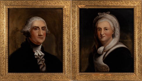 1796 Gilbert Stuart (American 1755-1828) George & Martha Washington Portraits Reverse Painted Glass