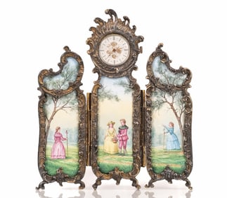 Viennese Enamel Porcelain Gilt Bronze Ormolu 3 Panel Clock