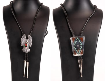 Zuni Native American Sterling Silver Turquoise & Coral Bolo Tie 2Pcs