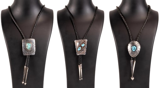 Navajo Native American Henry Davis & Pete Morgan Sterling Silver Turquoise Bolo Tie 3Pcs