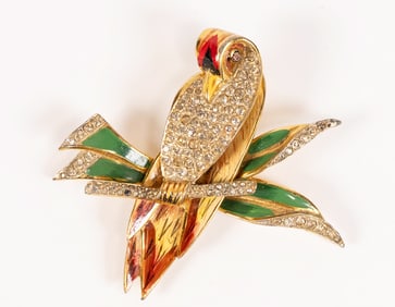 Coro Craft 1930s Sterling Silver Vermeil Rhinestone Parrot Fur Clip Rare