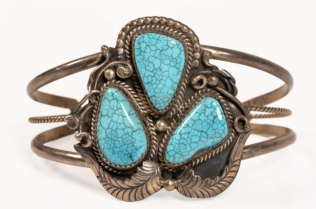 Navajo Lone Mountain Spiderweb Turquoise Sterling Silver Cuff Bracelet: Navajo Tribe Native American Lone Mountain Spiderweb Turquoise Sterling Silver Cuff Bracelet Three Saw Teeth Bezel Set Teardrop Shaped Spiderweb Matrix Turquoise Stones from Lone Mountain Turquoise Mi