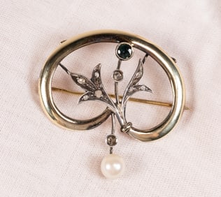 Art Nouveau 14K Gold Polki Diamond Green Beryl & Pearl Brooch