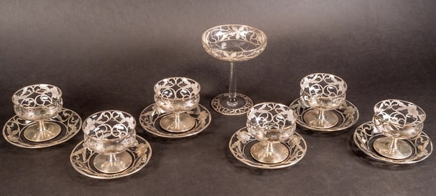 Victorian Sterling Silver Overlay Glass Dessert Set