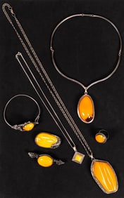 Vintage Butterscotch Amber Sterling Silver Jewelry Collection 7Pcs