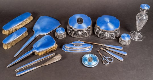 Sterling Silver Blue Guilloche Enamel Dresser Set
