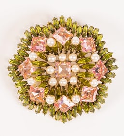 Vintage Schreiner NY Rhinestone & Pearl Brooch Signed