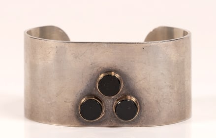 Pierre Cardin C 1960s Paris 14K Gold & Sterling Silver Onyx Dots Modern Cuff Bracelet