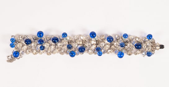 Vintage Kramer Of New York Blue Glass Bauble Bracelet With Diamante Crystal Rhinestones Signed