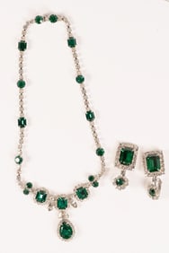 Vintage Kramer Of New York Emerald and Diamante Crystal Rhinestone Drop Necklace & Earrings Suite