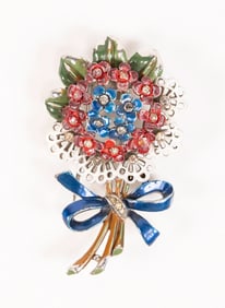 Alfred Philippe Trifari Enameled Rhinestone Flower Bouquet Fur Pin