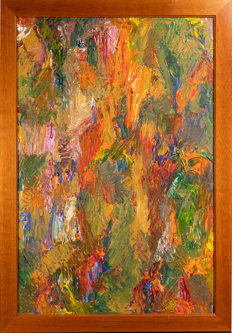 Jean Marie Haessle (French, 1939-2024) Abstract Expressionist Oil Painting: Jean-Marie Haessle (French/American, 1939-2024) Abstract Expressionist Oil Painting on Board Signed on reverse Framed 33.25" H 23.25" L Art visible 30" H 20" L in Overall Great Condition keywords amer