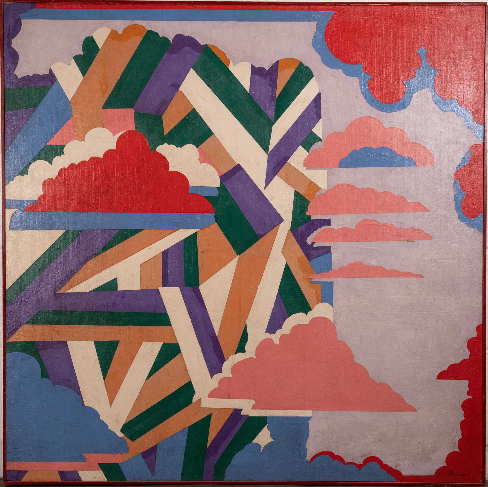 Peter Busa (American, 1914-1985) Abstract Oil: Peter Busa (American, 1914-1985) Mid Century Abstract Landscape Oil on Canvas Signed 'Busa' lower right Framed 38 1/2" L 38 1/2" H Art 38" L 38" H Scene depicts an abstract expressionist landscape wit