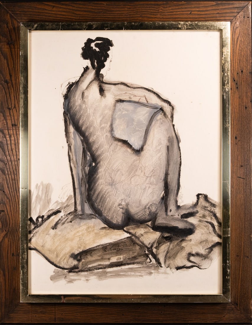 Eldzier Cortor (American, 1916-2015) Nude: Eldzier Cortor (American, 1916-2015) Nude Female Mixed Media on Paper Signed lower center Framed 33" H 26" L Art 26 1/2" H 19 3/8" L Nude portrait of a seated woman in Overall Good Condition keywords 