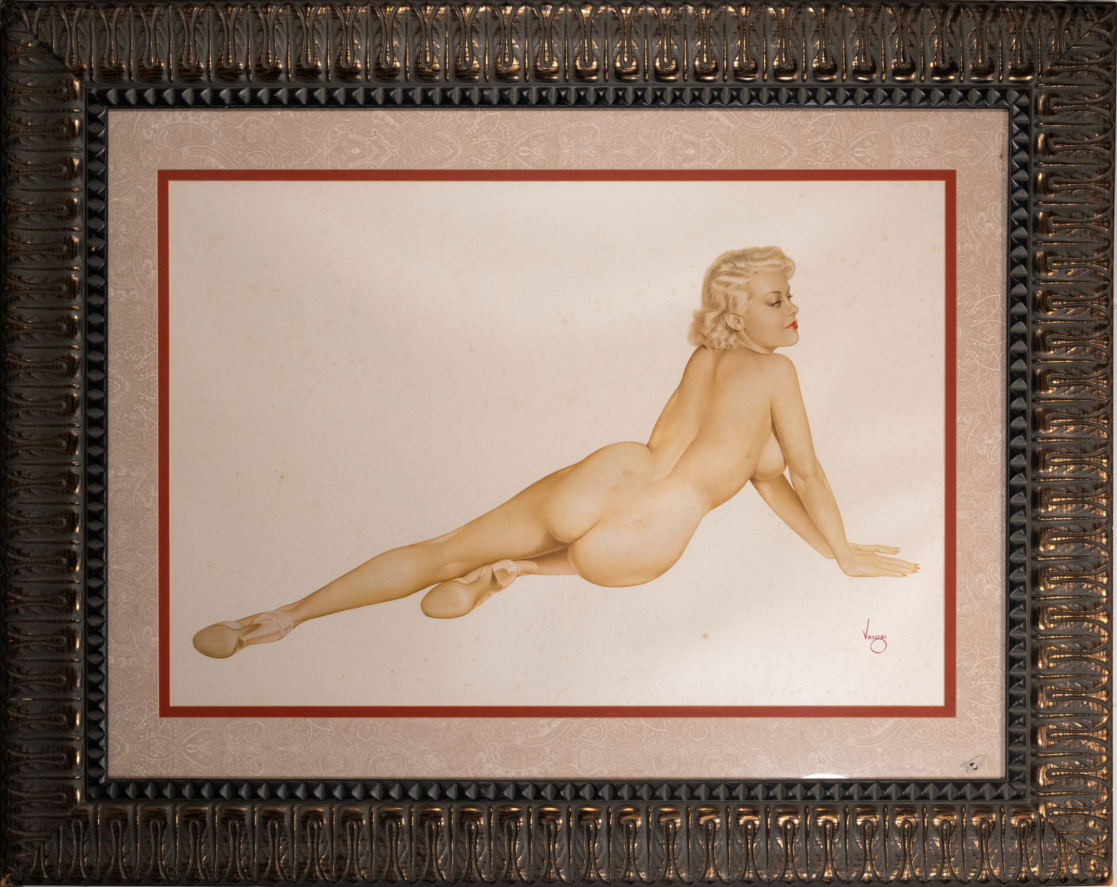 Alberto Vargas (Peruvian American 1896-1982) Big Blonde on Silk: Alberto Vargas (Peruvian/American 1896-1982) Legacy Nude #6 "Big Blonde" on Opalesque Silk (posthumous print) Signed silkscreen Signature and Numbered 1/25 Estate lower right Mid Century Framed 49" L