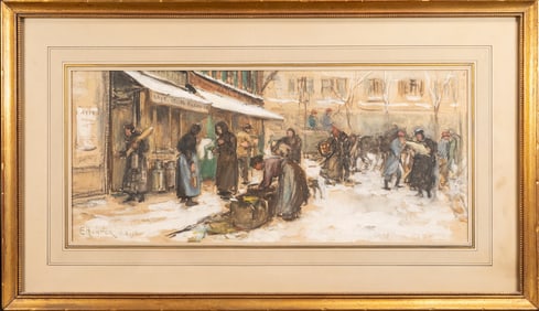E. Hunter (English School, early 20th Century) European Street Scene 1916 Mixed Media