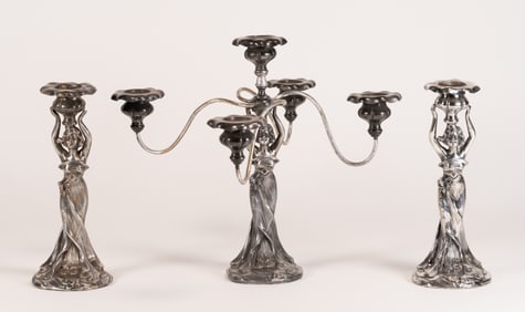EG Webster & Son Art Nouveau Woman Figural Candelabrum with Pair of Candlesticks