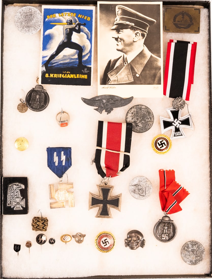 WWII German Order Badge Tinnie Collection: WW2 Germany Badges Orders Tinnies Tin Collection Grouping Group Lot Consisting of But Not Limited to Golden Party Badge SS Totenkopf Matchbook Safes Match Holder Safe Stick Pins Party Ring Nuremberg T