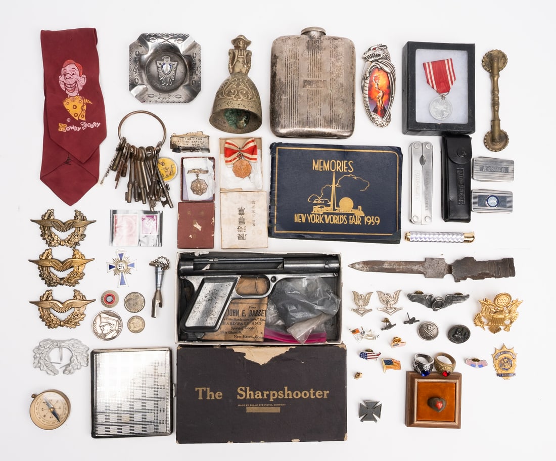 WWII Junk Drawer Collection Group Lot Estate Find: Grandpa's Gentlemans Junk Drawer Treasures Early Sharp Shooter BB Gun with Box Japanese War Medals in Box Luftwaffe Cap Badges Army Cocade Trench Art Shrapnel Knife German Mother's Cross Coins Stamps 