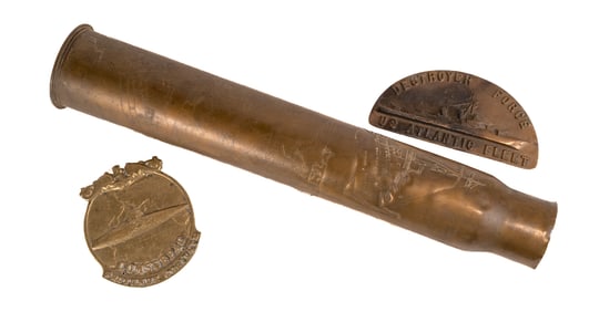 WWII US Trench Art 50 Cal Navy Shell Multi-Imaged Dated & Plaques