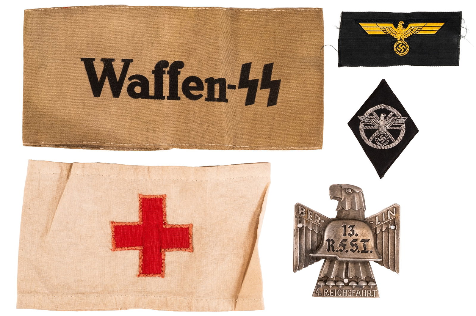 WWII German Armband Insignia Medal Collection: WW2 Germany Armbands Insignias Medals Consisting of (1x) Deutsches Rotes Kreuz Red Cross Armband Tan With Red Cross Multi Piece Construction Stamped on reverse R.B. Nr 0/1502/5081 L: 6.5" W: 3.75" (1x