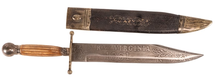 1861 Civil War First Regiment VA Presentation Etched Bowie Knife & Scabbard Named