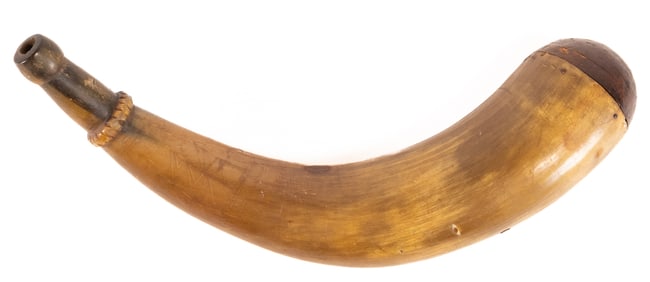 18th c. American Engraved Gunpowder Horn w/ Sailing Ship Scrimshaw