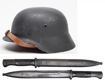 WWII German Army HEER M35 Combat Helmet & 2 Mauser K98 Rifle Bayonet w/ Scabbard