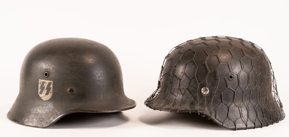 WWII German Waffen SS M35 Single Decal Combat Helmet & M40 Chicken Wire Camo Combat Helmet