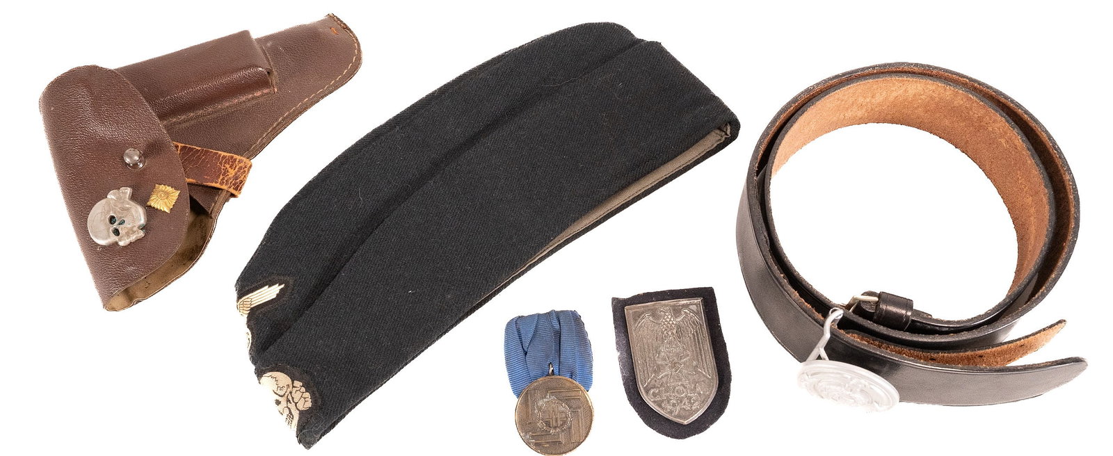 WWII German SS Collection Luger Holster Order Belt Buckle etc: WW2 Nazi Germany World War II SS Collectiong Grouping Group Lot Consisting of (1x) Walther Weapon PP Ersatz Pistol Hand Gun Holster Machine Sewn Brown Leather Ersatz Cardboard Construction with Waffen