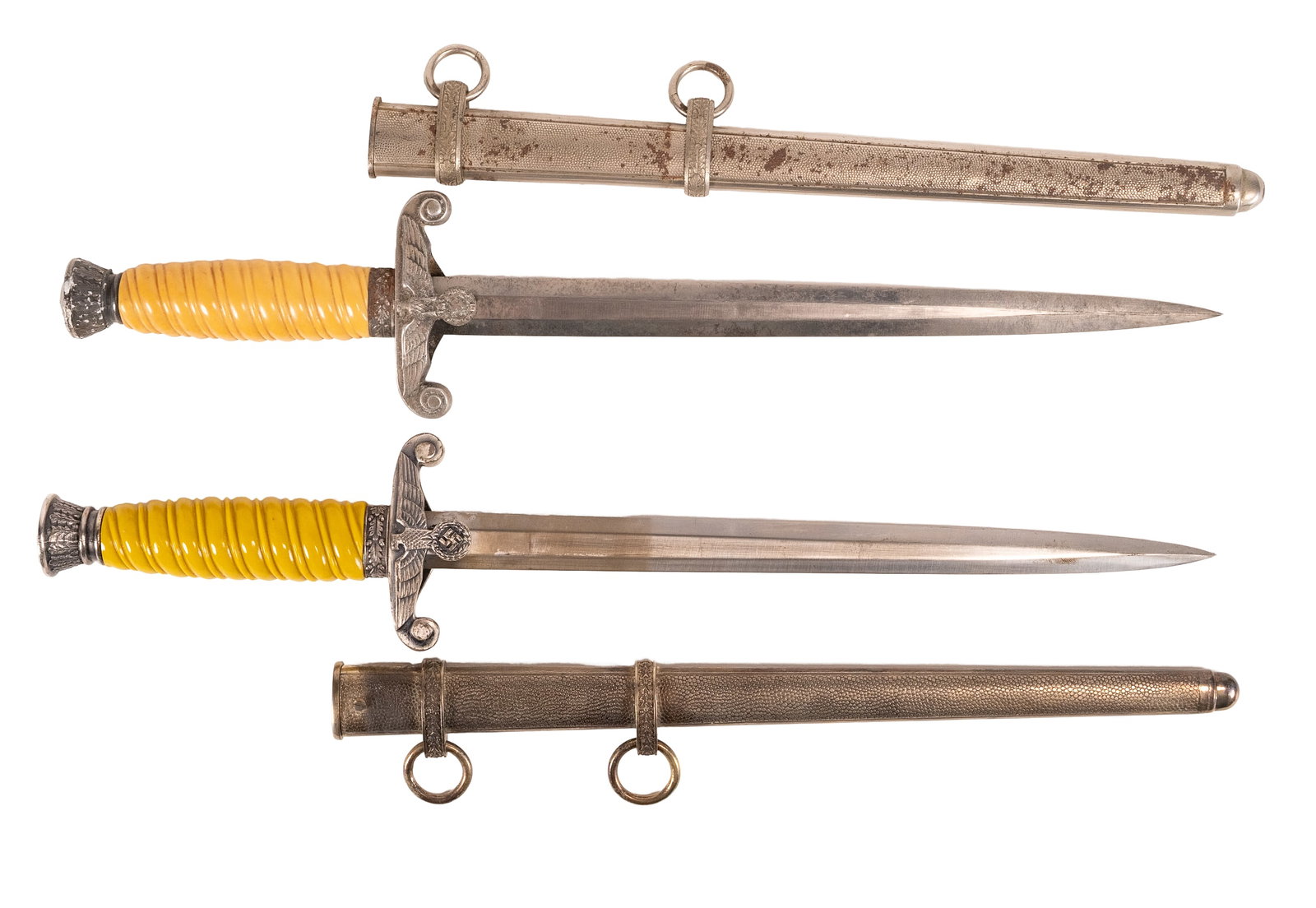 WWII German Dagger Collection FW Holler Alcosa: WW2 Nazi Germany Officers Dress Daggers Collection Grouping Group Lot FW Holler Alcosa Daggers Have Nickel-Plated Blades With the Individual Maker's Mark. Nickel Plated Crossguard Showing a German Eag