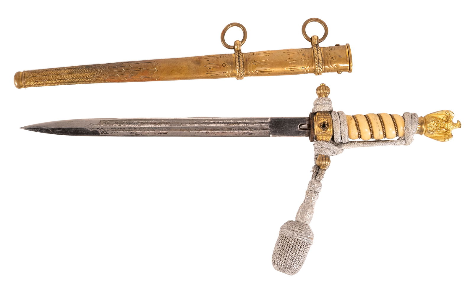 WWII German Kriegsmarine Dagger w/ Scabbard: WW2 Nazi Germany Navy Naval Kriegsmarine Officer Dagger with Scabbard Signed " WKC " Double Fullered Double Sided Etched Blade in Foliate and Naval Themed Decoration Ricasso Signed " W.K.C." with Knig