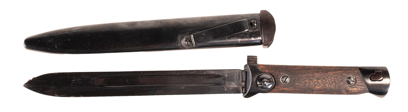 WWII Italian M1938 Carcano Short Rifle Folding Bayonet Knife: WW2 Italy Model 1938 Carcano Short Rifle Folding Bayonet Combat Knife Blued Blade with Fuller Button Lock Releases and Allows Blade to Fold When Pressed Wood Grips Steel Scabbard with Hanging Loop Bla