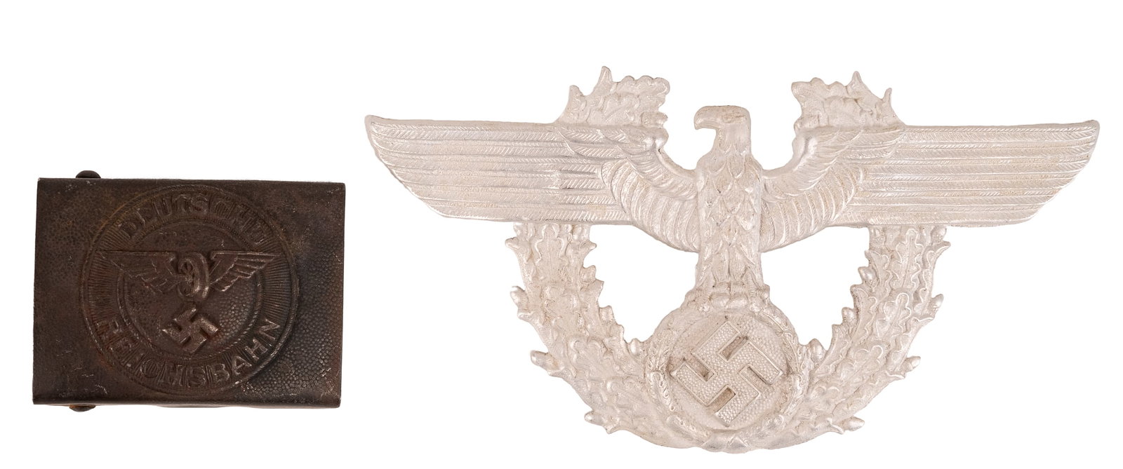 WWII German Collection Police / Railway: WW2 Nazi Germany Collection Grouping Group Lot Police Railway Railroad Consisting of (1x) REICHSBAHN National EM Railway Belt Buckle One-Piece Die-Struck Grey Painted Steel Construction Obverse Shows 