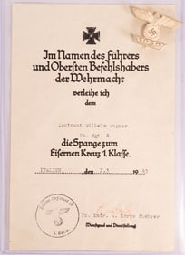 WWII German 1st Class Clasp to Iron Cross w/ Named Document