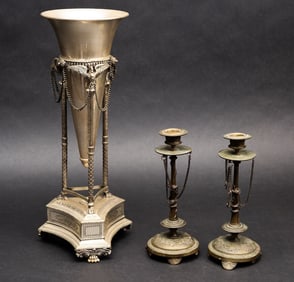 Bombay 17" Footed Hurricane Mantle Vase Centerpiece Urn w/ Brass Candle Sticks