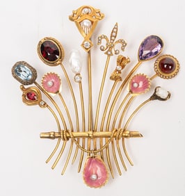 19th c. 14k Gold Diamond & Gemstone Enamel Brooch
